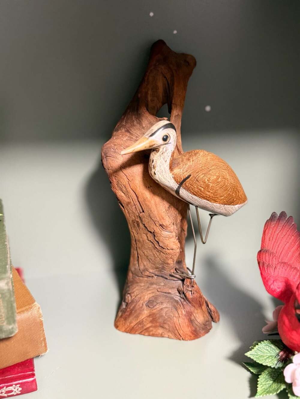 Handcrafted Carved Wood Bird Sculpture on Driftwood